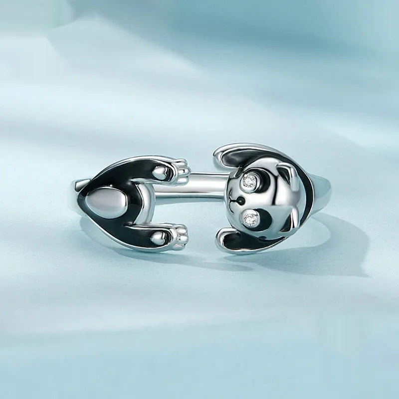 Adjustable sterling silver ring with panda design and white gold plating