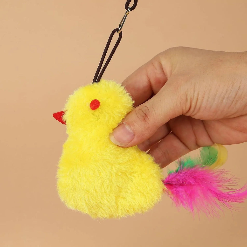 Grey and yellow retractable hanging cat toy with treat dispenser and dangling mouse attachment