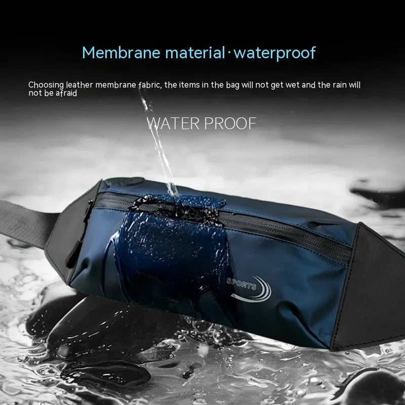 Men's waterproof Derm Oxford polyester sports waist bag in black, shown on waist during activity.