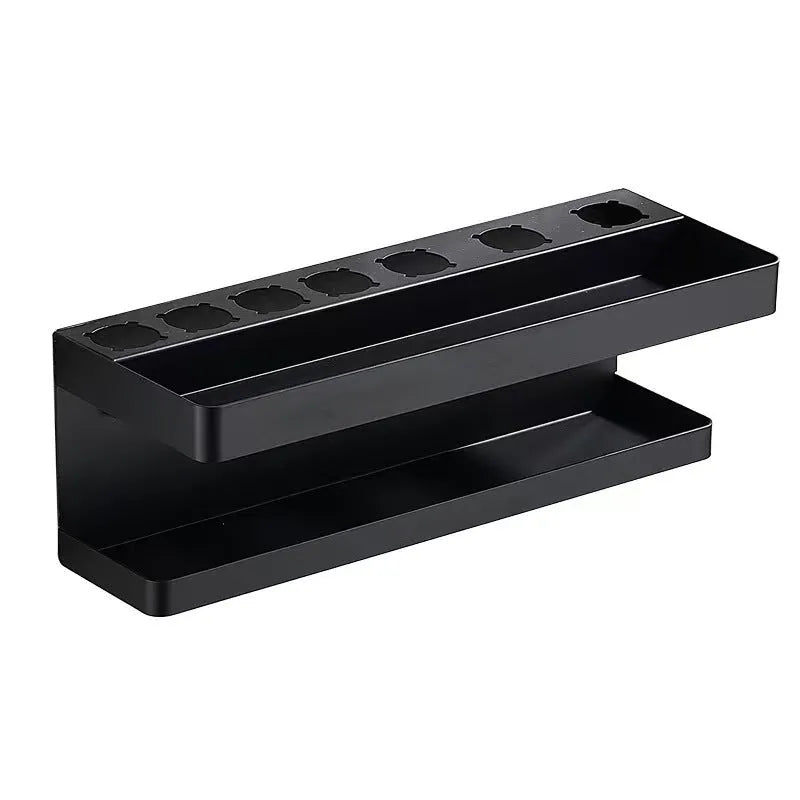 Aluminium double-layer punch-free bathroom storage rack for hair curlers in black colour