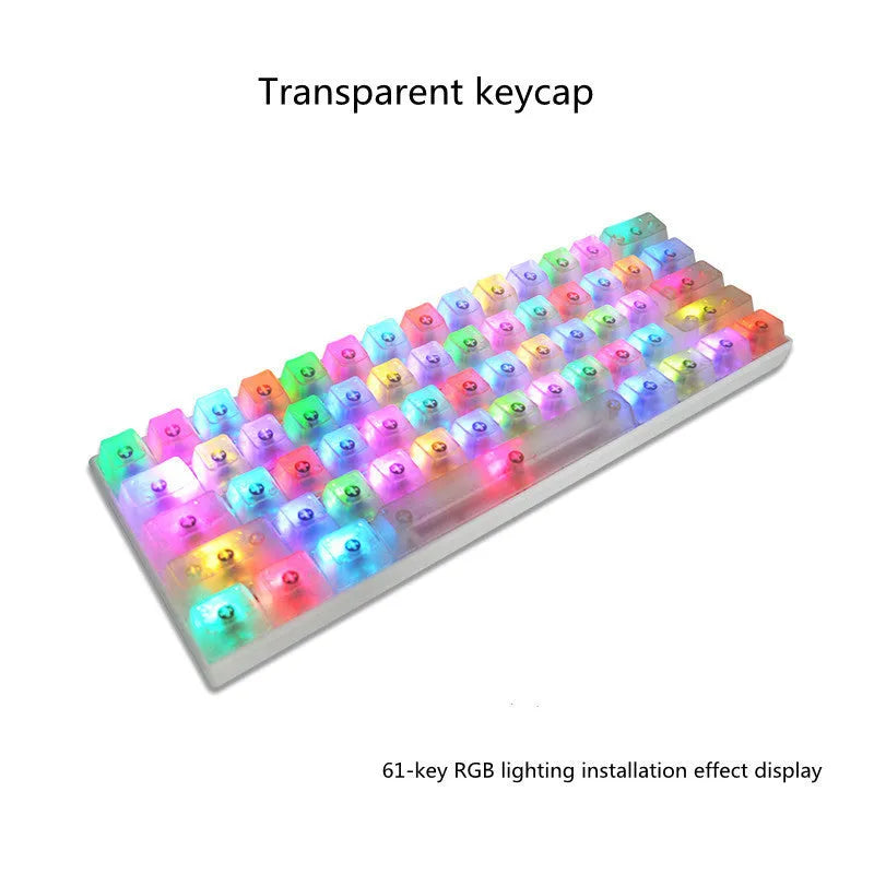 104 transparent PBT keycaps in OEM profile, unengraved, shown in orange, white, blue or black