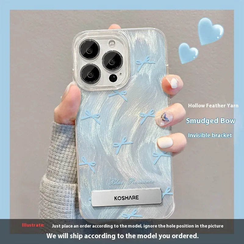iPhone 15 and 16 PC phone case with smudging star bow bracket, Silver Bow or Silver Pink Butterfly