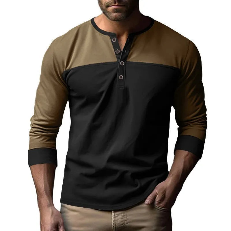 Men's retro style long sleeve henry collar shirt in polyester beaded twill fabric earth tone colours
