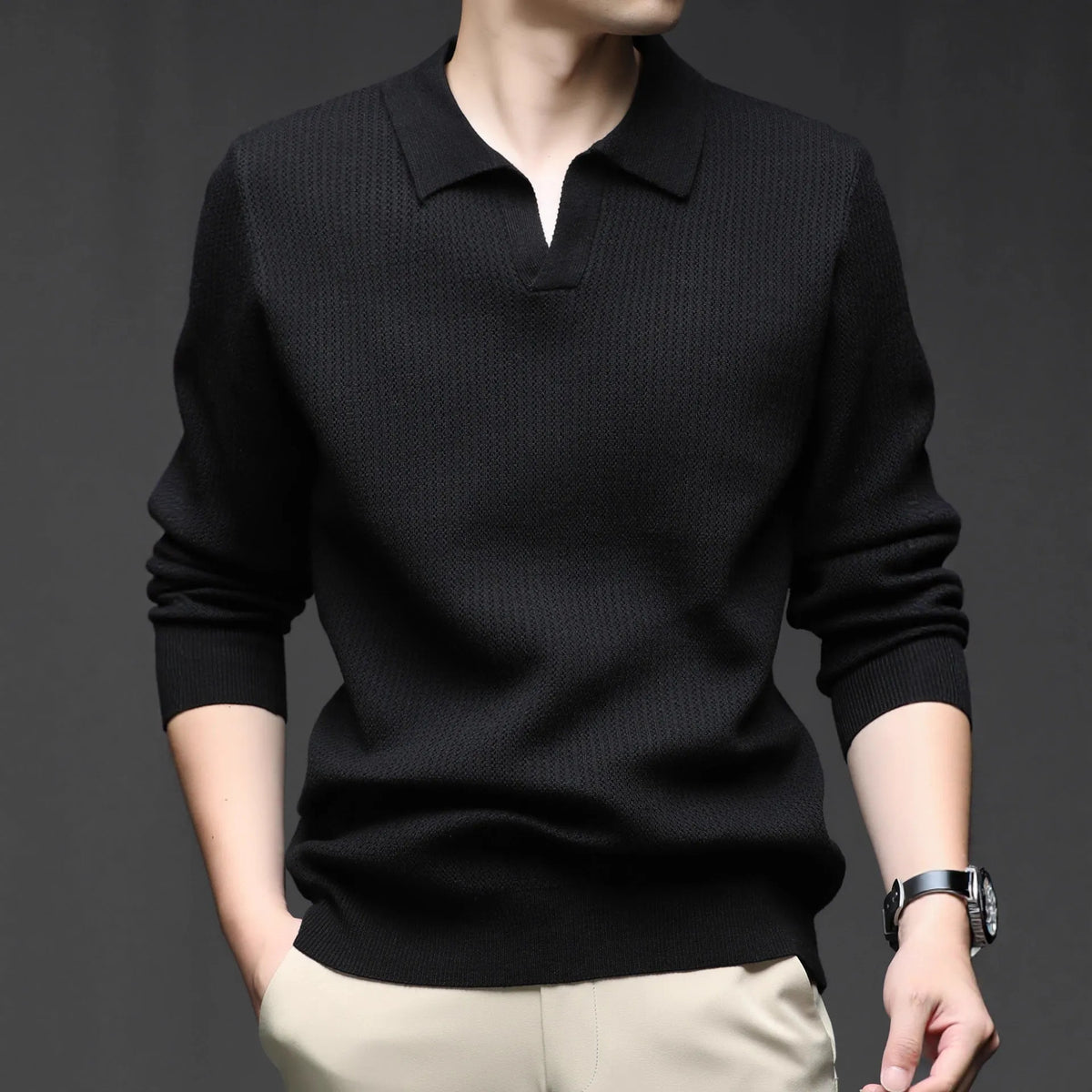 Men's loose-fitting casual pullover sweater in autumn colours on a hanger
