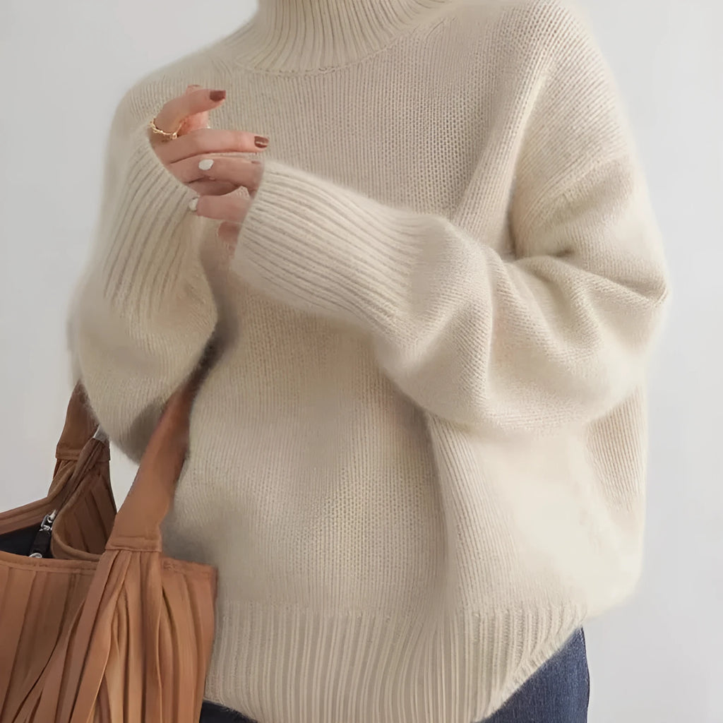 Women's high-neck loose fit thick knit pullover sweater in solid colour, long sleeves