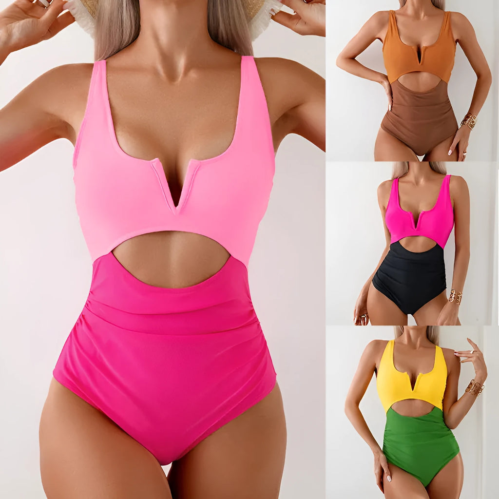 Women's one-piece swimsuit with contrasting colour blocks in nylon fabric