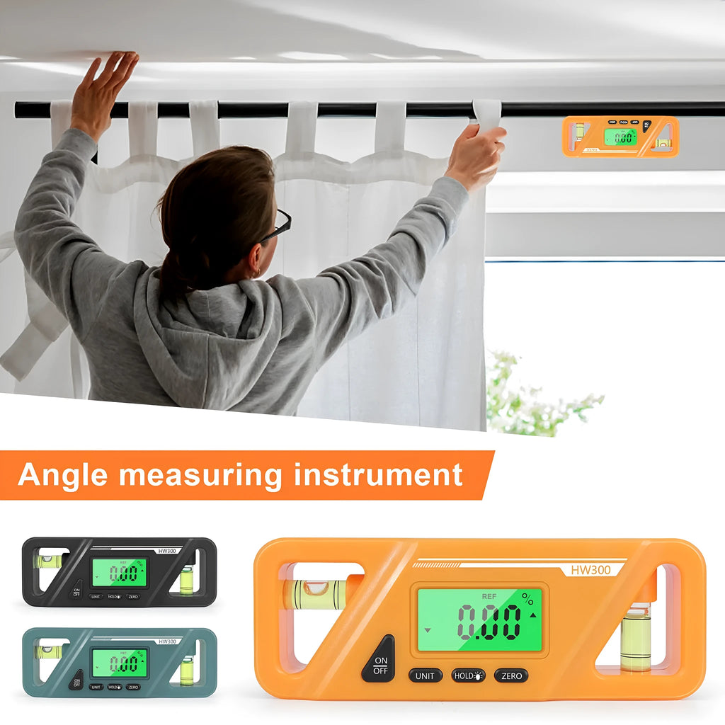 Black digital inclinometer level meter with magnetic base and LCD screen showing angle reading.
