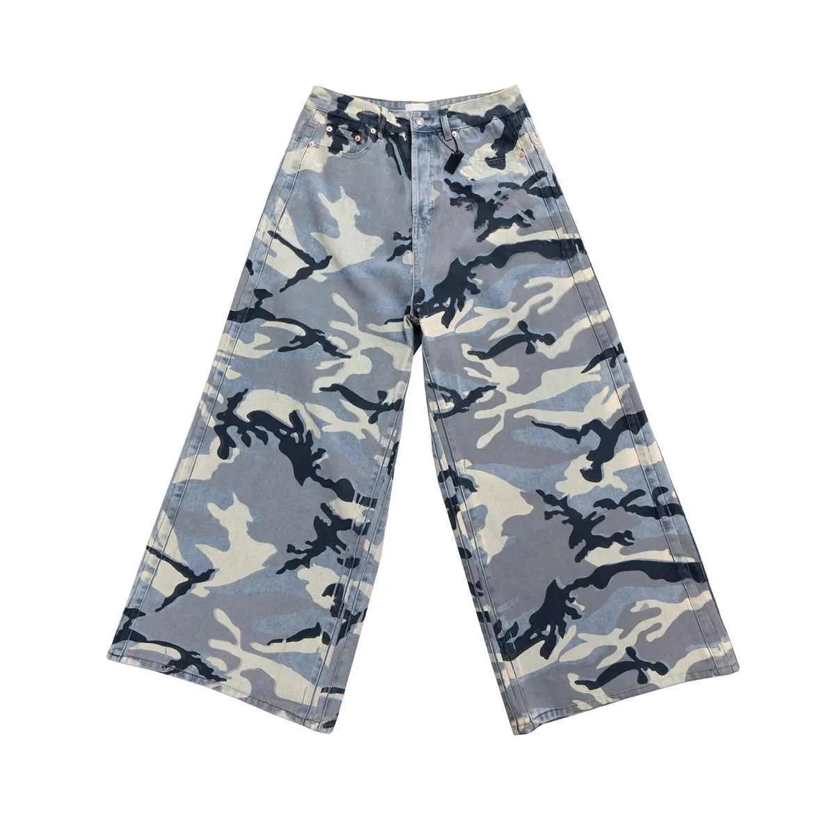 Snow camouflage blue loose fit jeans with mid-waist design and stretch denim fabric