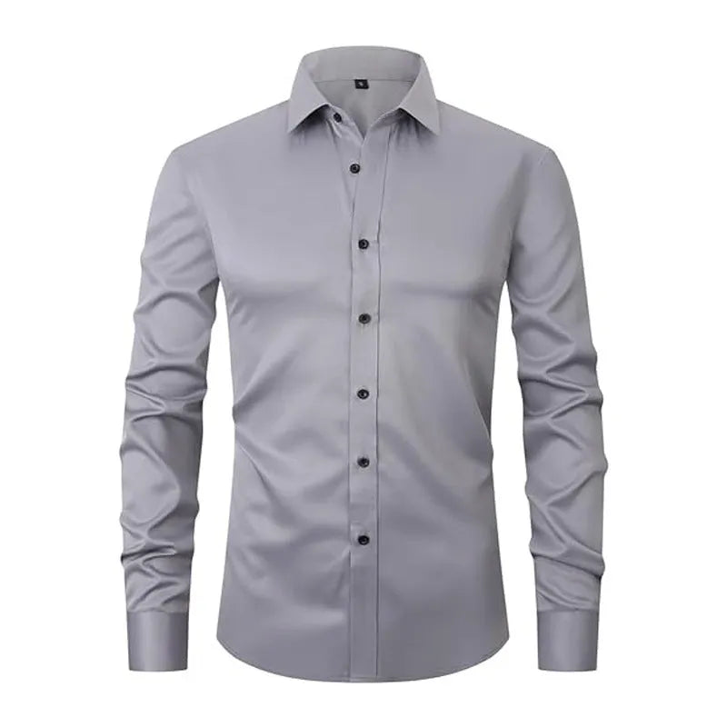 Man wearing a stretch long sleeve work shirt in a solid colour, showing the fit and style.