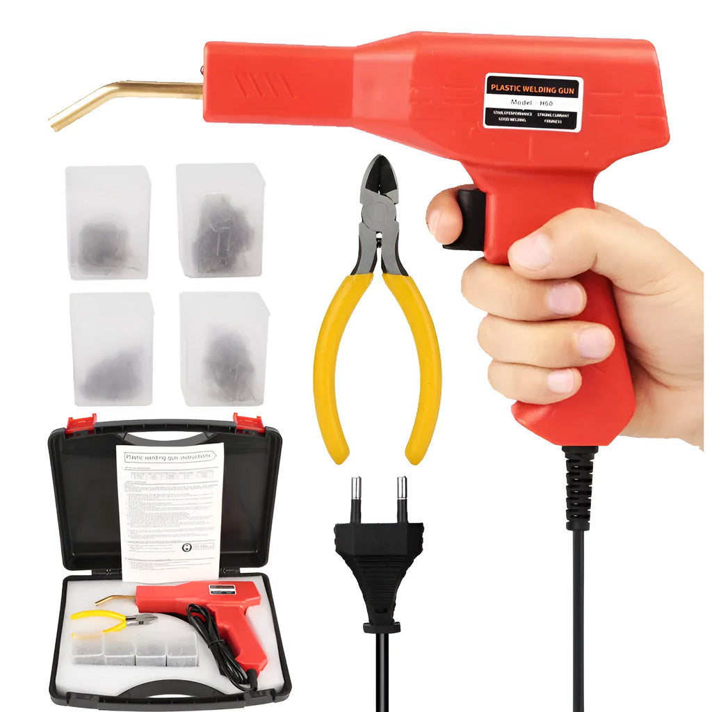 Red plastic welding gun host with pure copper transformer, 4 types of nails, pliers knife and black plastic box for bumper repair
