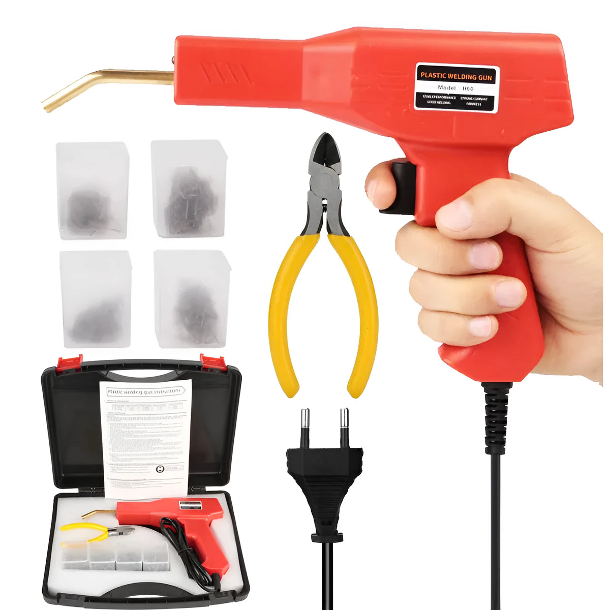 Red plastic welding gun host with pure copper transformer, 4 types of nails, pliers knife and black plastic box for bumper repair