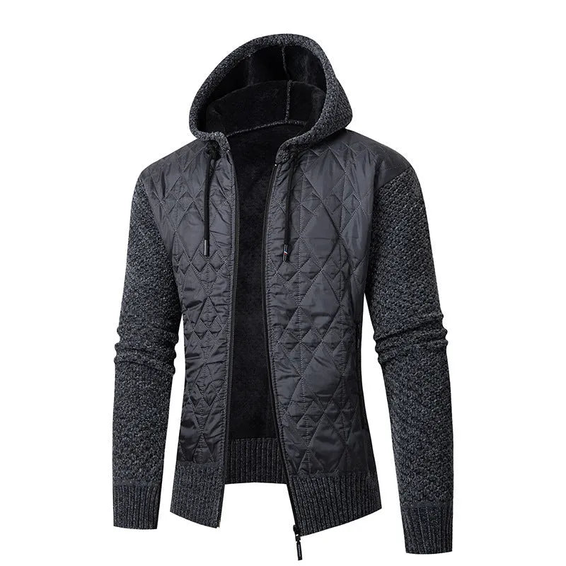 Men's grey hooded corduroy sweater coat with a cinched waist, shown on a hanger.