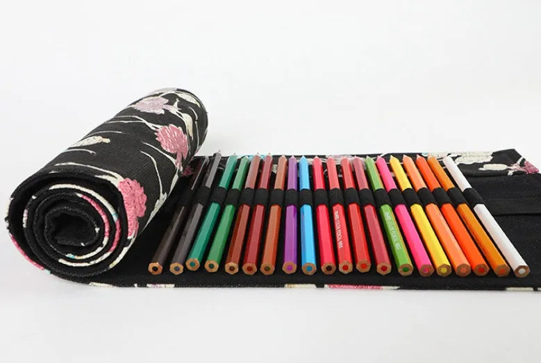Square canvas rolling pencil case with ballet girl print design showing multiple pencil capacity options