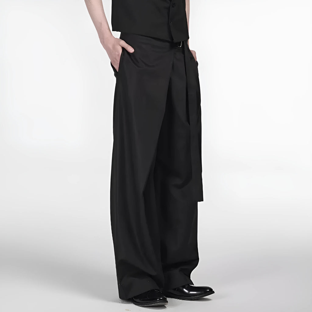 Black women's straight-leg trousers with adjustable waist and single pleat detail