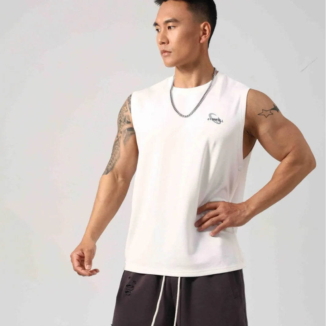 Men's black Korean style loose fitness vest with hidden hook openings on the sides