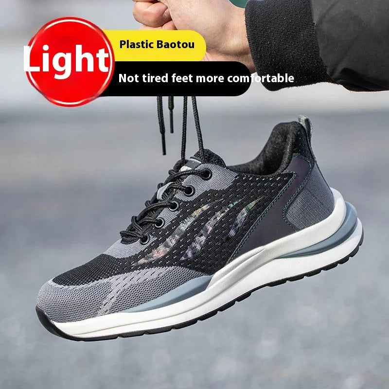 Men's black grey insulated electrician safety shoes with plastic toe, microfiber leather and flyknit mesh upper, PU sole