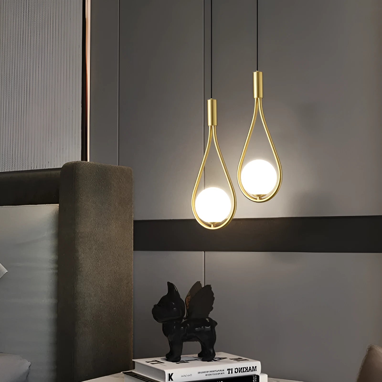 Copper modern minimalist bedside chandelier with choice of honeycomb or milk white lamp covers.