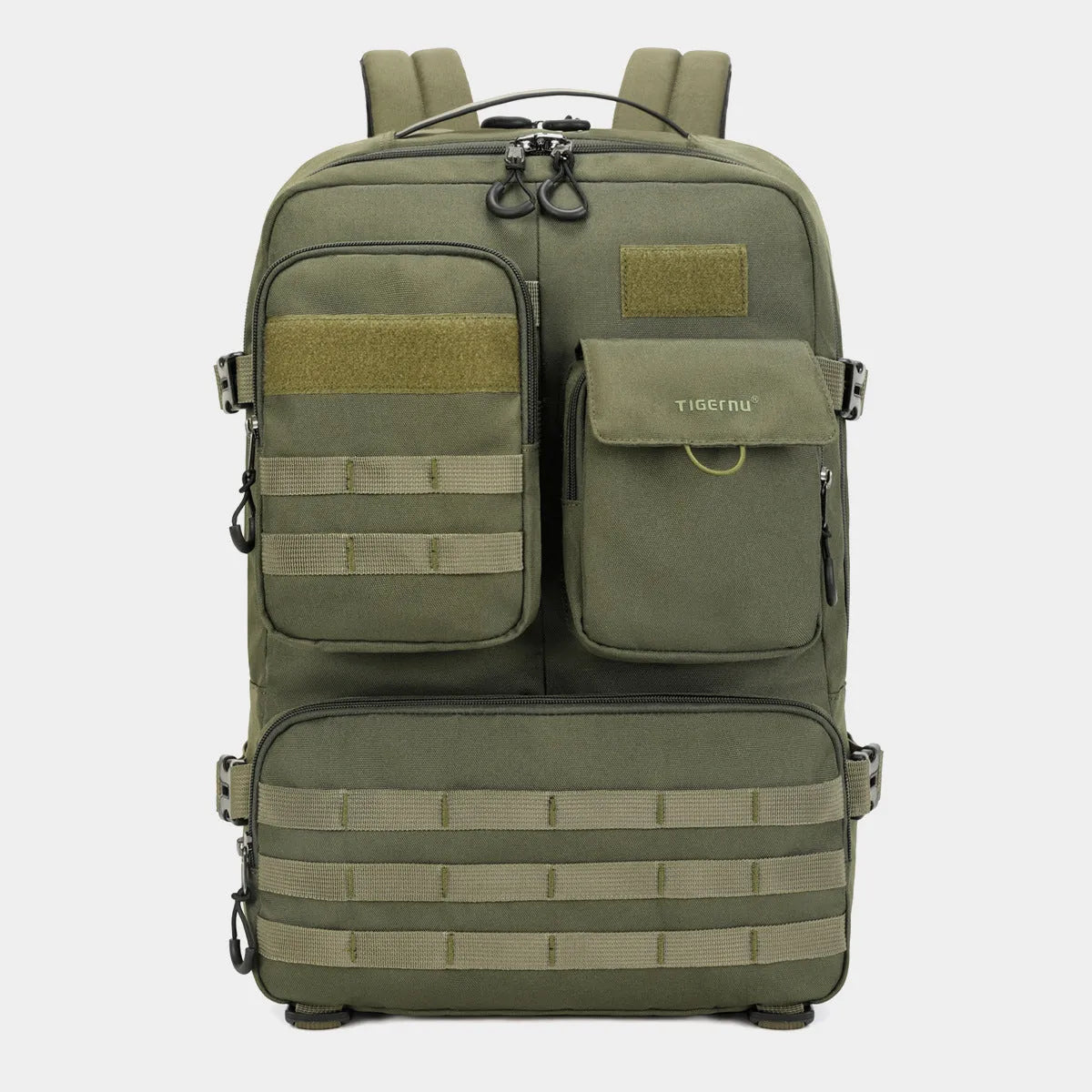 Army Green 17-inch tactical backpack with multiple compartments, shown outdoors.