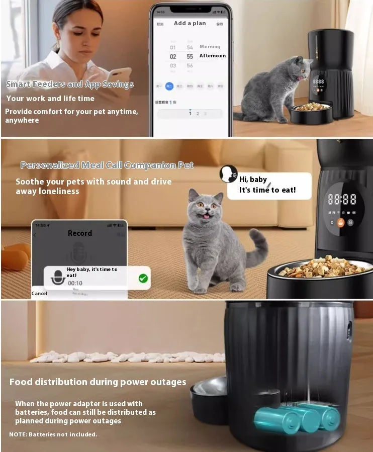 Black intelligent pet feeder with automatic timing and quantitative remote control for cats and dogs