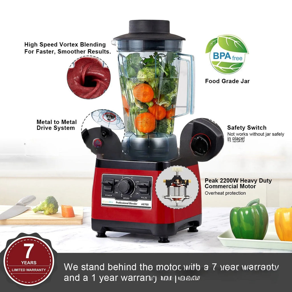 Red commercial blender with industrial design and 2200W motor for professional kitchens