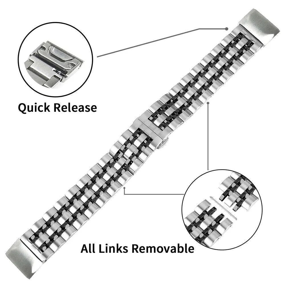 Stainless steel Jiaming watch strap in 22mm and 26mm, shown in silver, black, gold, and rose gold colour options