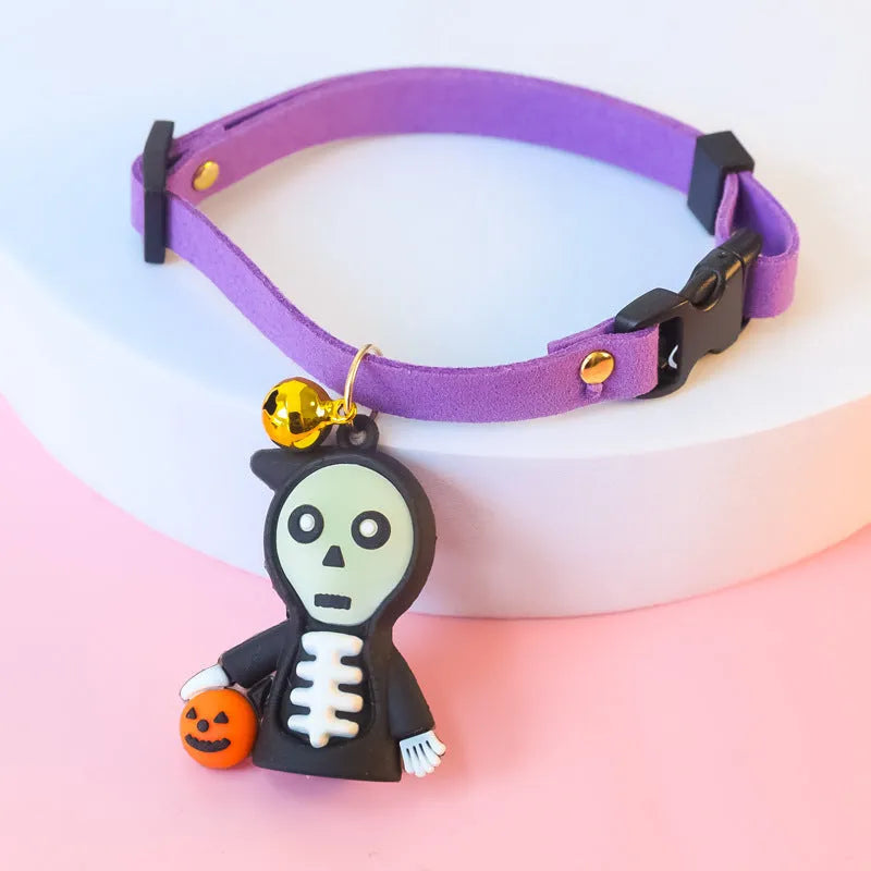Halloween pet collar decoration with pumpkin man pattern showing adjustable sizing for dog collars