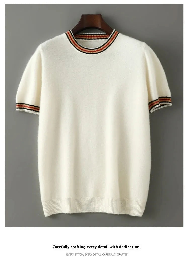 Men's short sleeve pure wool sweater round neck pullover in white gray or black