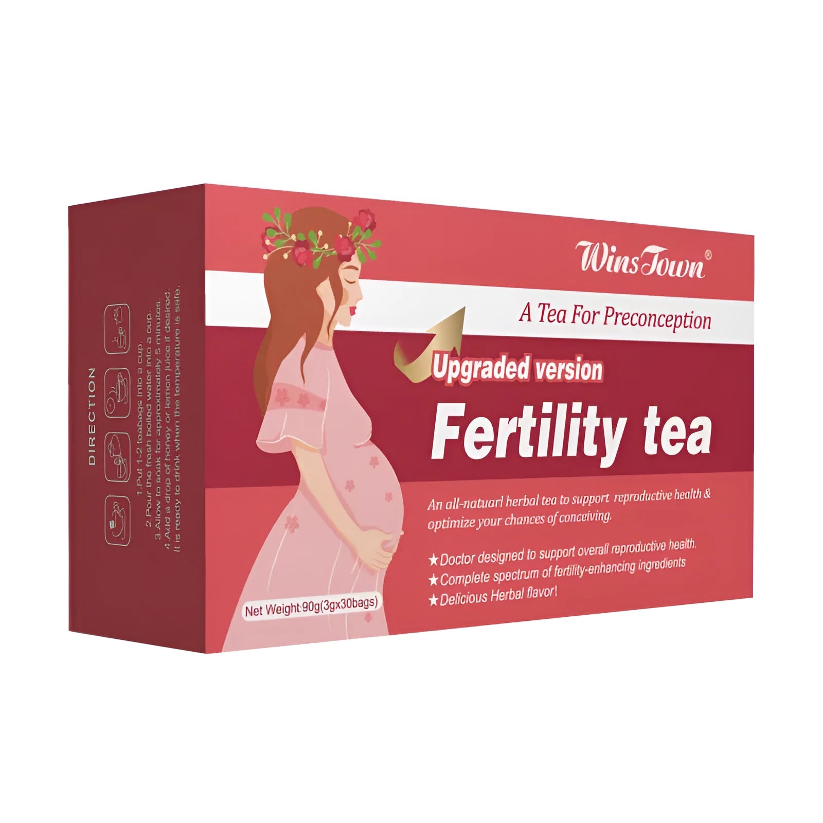 Fertility tea box with 3x30 bag packaging showing 90 individual tea bags for reproductive wellness support