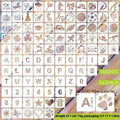Milky white PET film hollow spray painting stencils showing floral, animal, and letter patterns, each measuring 2 inches.