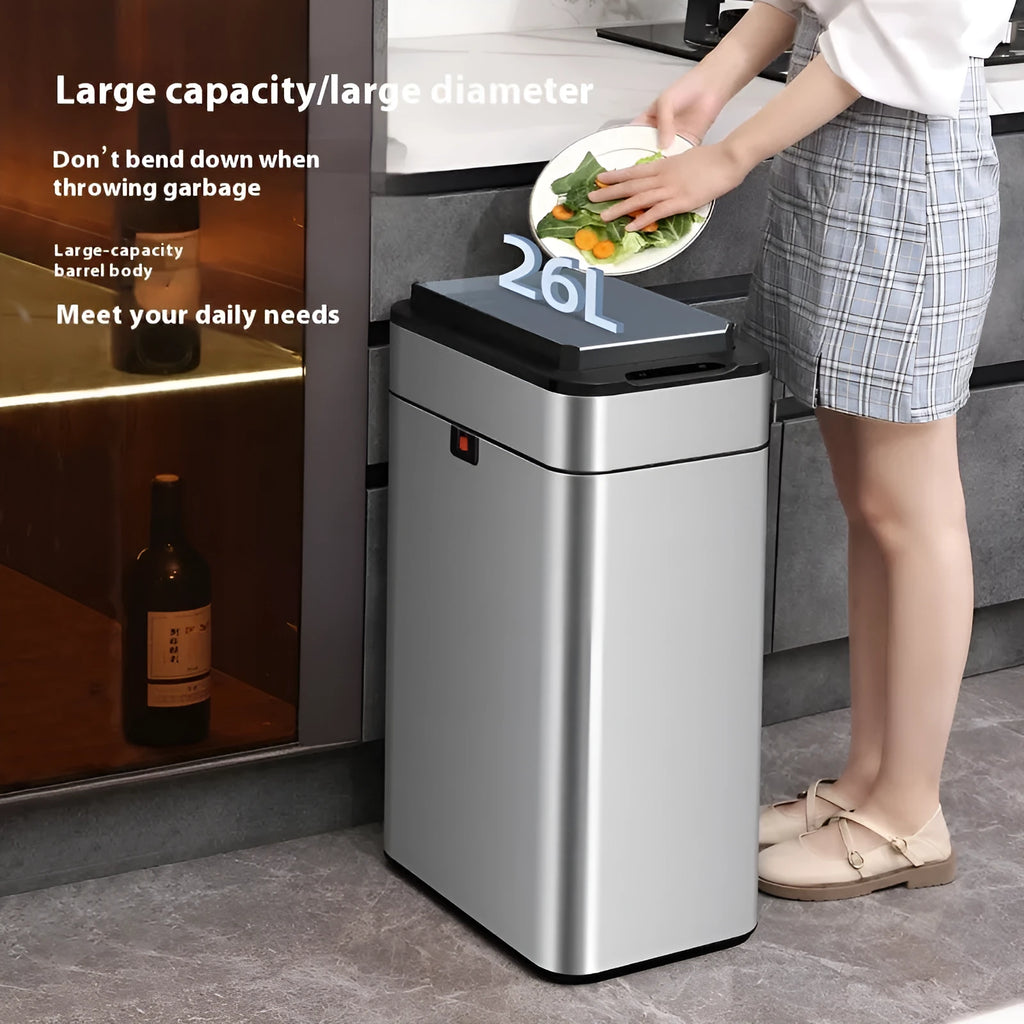 Stainless steel inductive smart trash can with deodoriser in a square shape, shown in a kitchen setting.