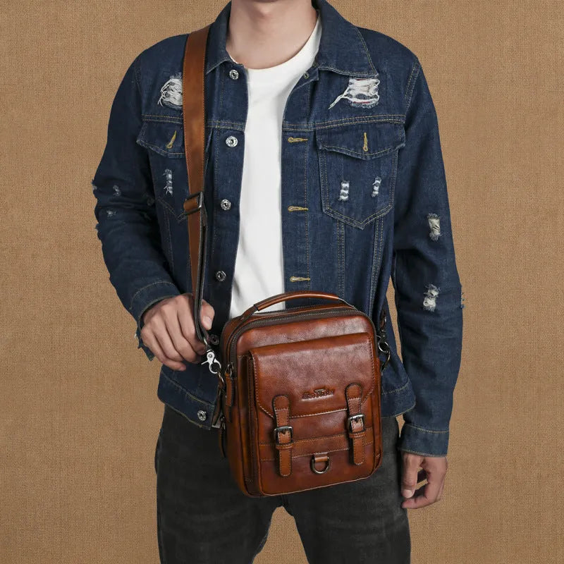 Genuine leather men's shoulder bag 8 inch light brown retro hand-rubbed crossbody commuter