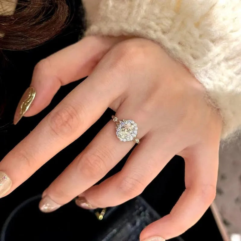Silver geometric adjustable index finger ring with big diamond design for women