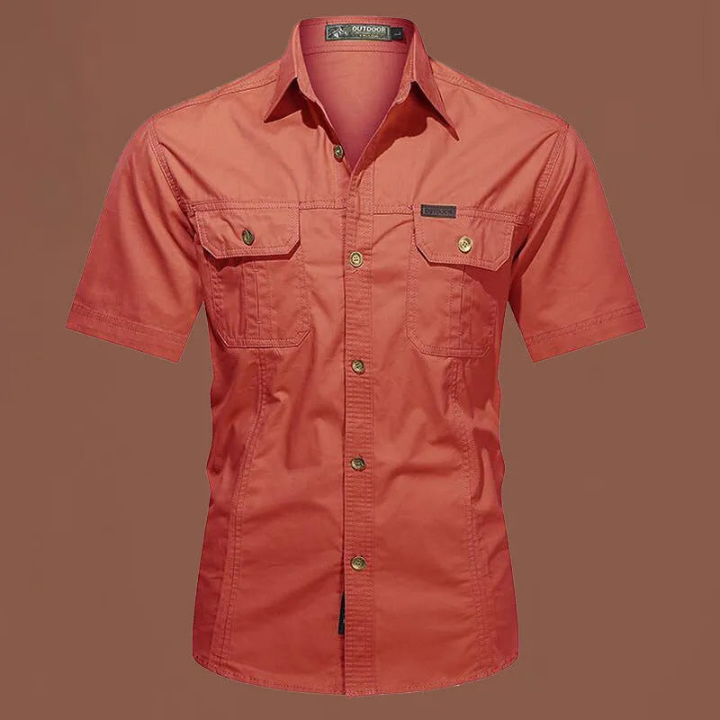 Men's loose-fit short sleeve cotton shirt in army green, laid flat showing cardigan style and non-iron fabric.