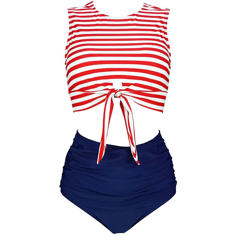 High waist two-piece bikini swimsuit with nylon fabric, sleeveless top, and briefs style, sizes S to 3XL