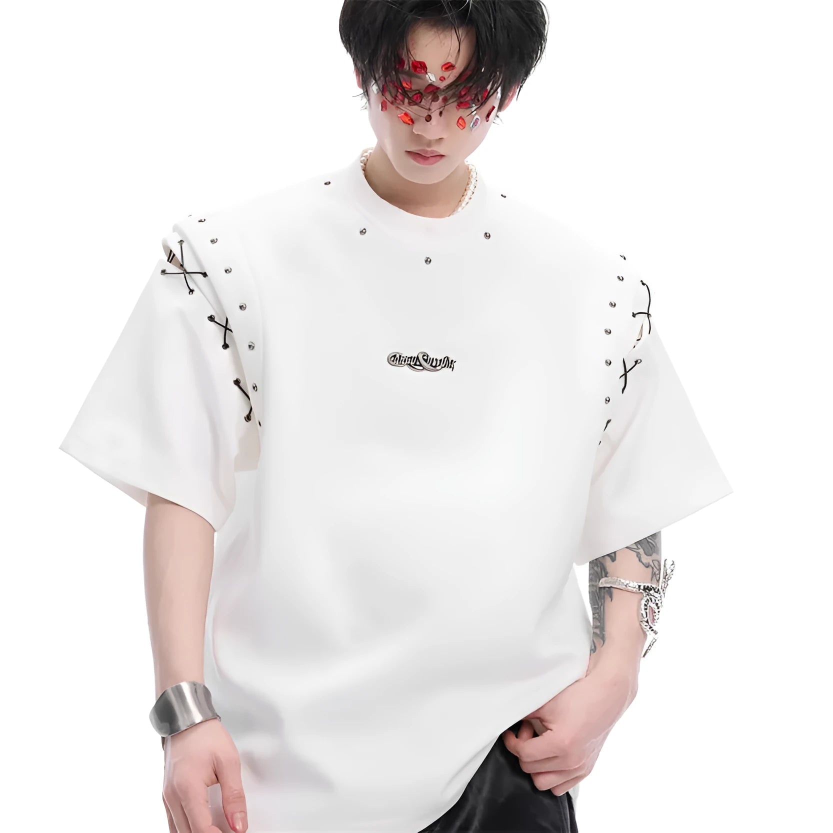 Black deconstruction lace-up cutout short sleeve summer t-shirt on mannequin showing side detail