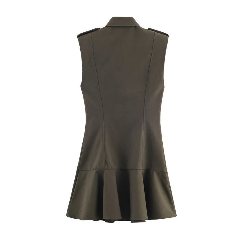 Women's long sleeve padded shoulder short dress with asymmetric stripe/plaid skirt and pleated detailing in nylon fabric