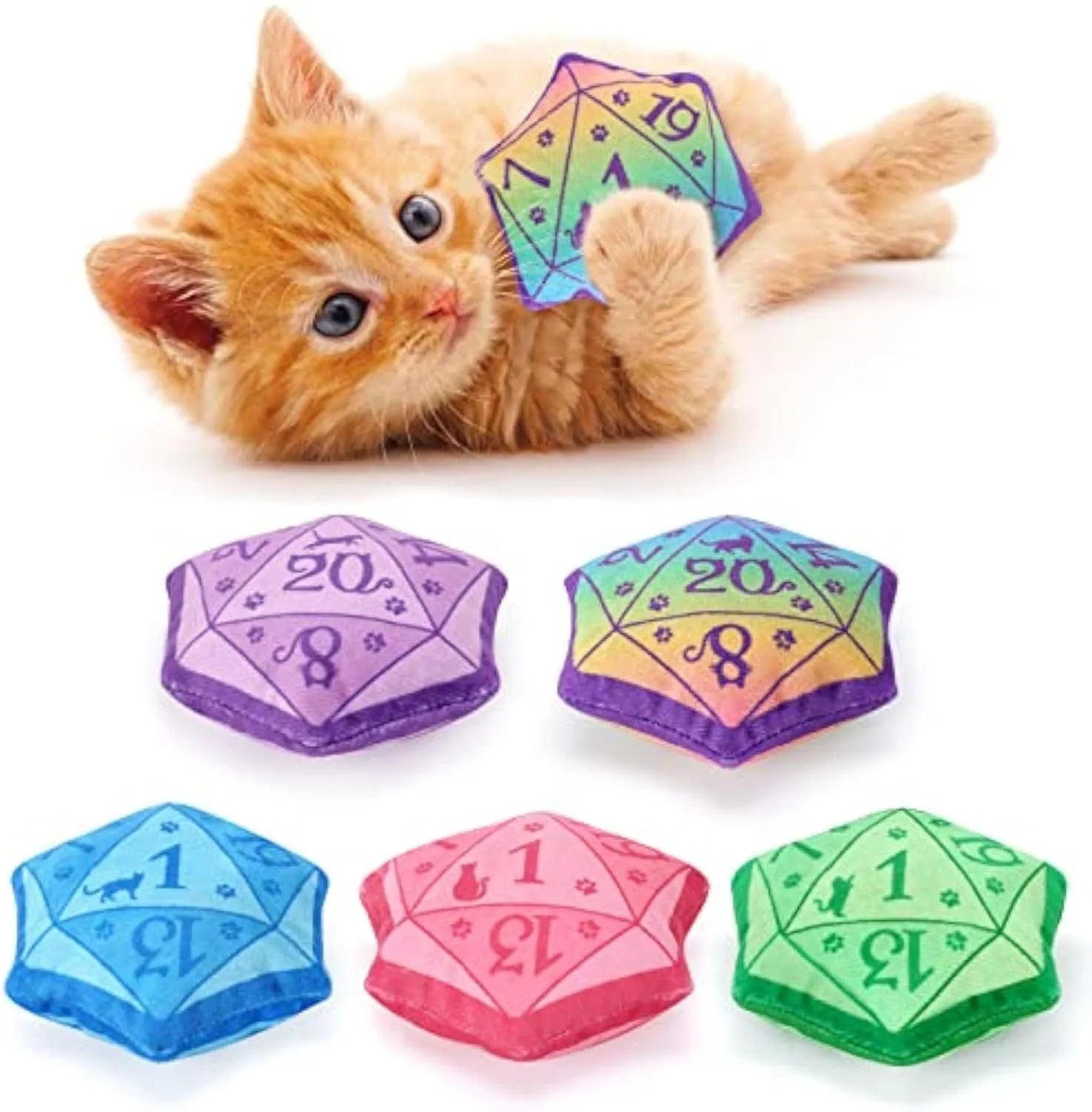 Soft plush dice cat toy filled with organic catnip in blue, purple, green, and pink colour options