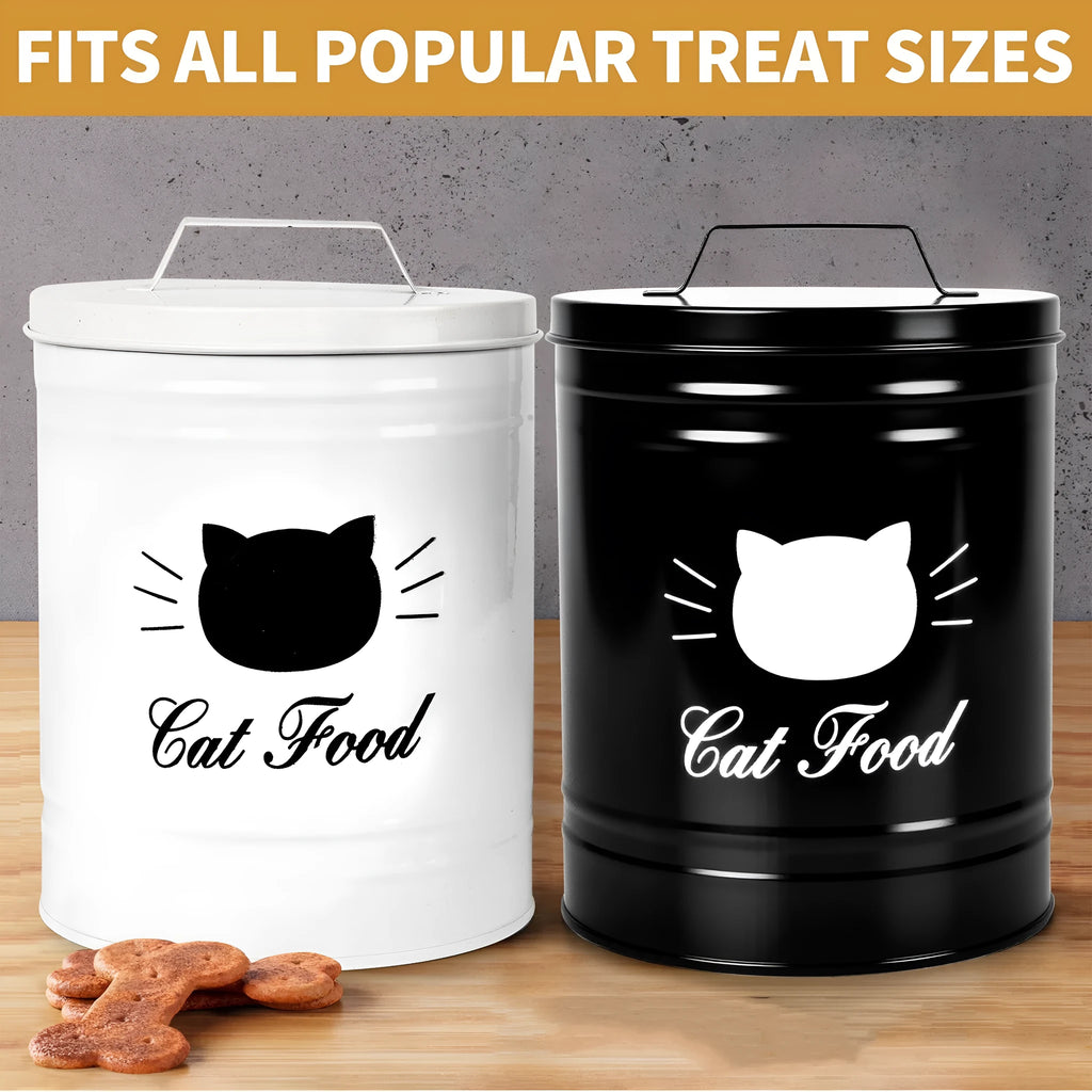 Round black and white iron sheet storage canister with a lid for kitchen pantry organisation.