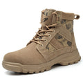 Khaki suede high-top safety combat boots with a steel toe cap and black rubber sole, shown with laces.