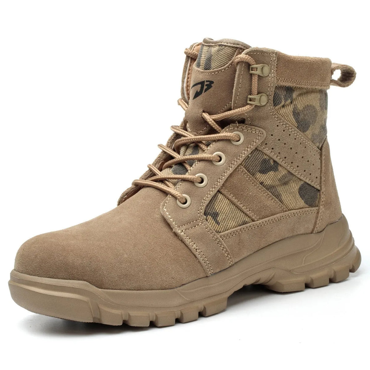 Khaki suede high-top safety combat boots with a steel toe cap and black rubber sole, shown with laces.