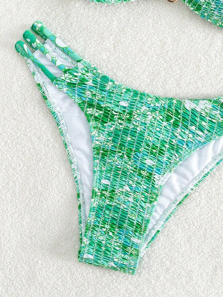 Women's floral bikini swimsuit with high waist style in blue, orange, pink and rose red colours