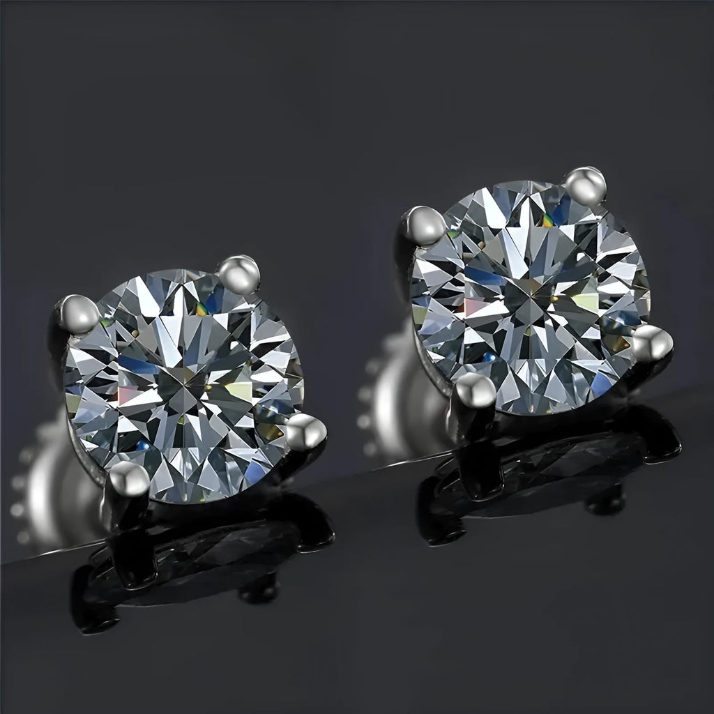 Sterling silver moissanite screw back stud earrings with geometric cut and four-claw setting