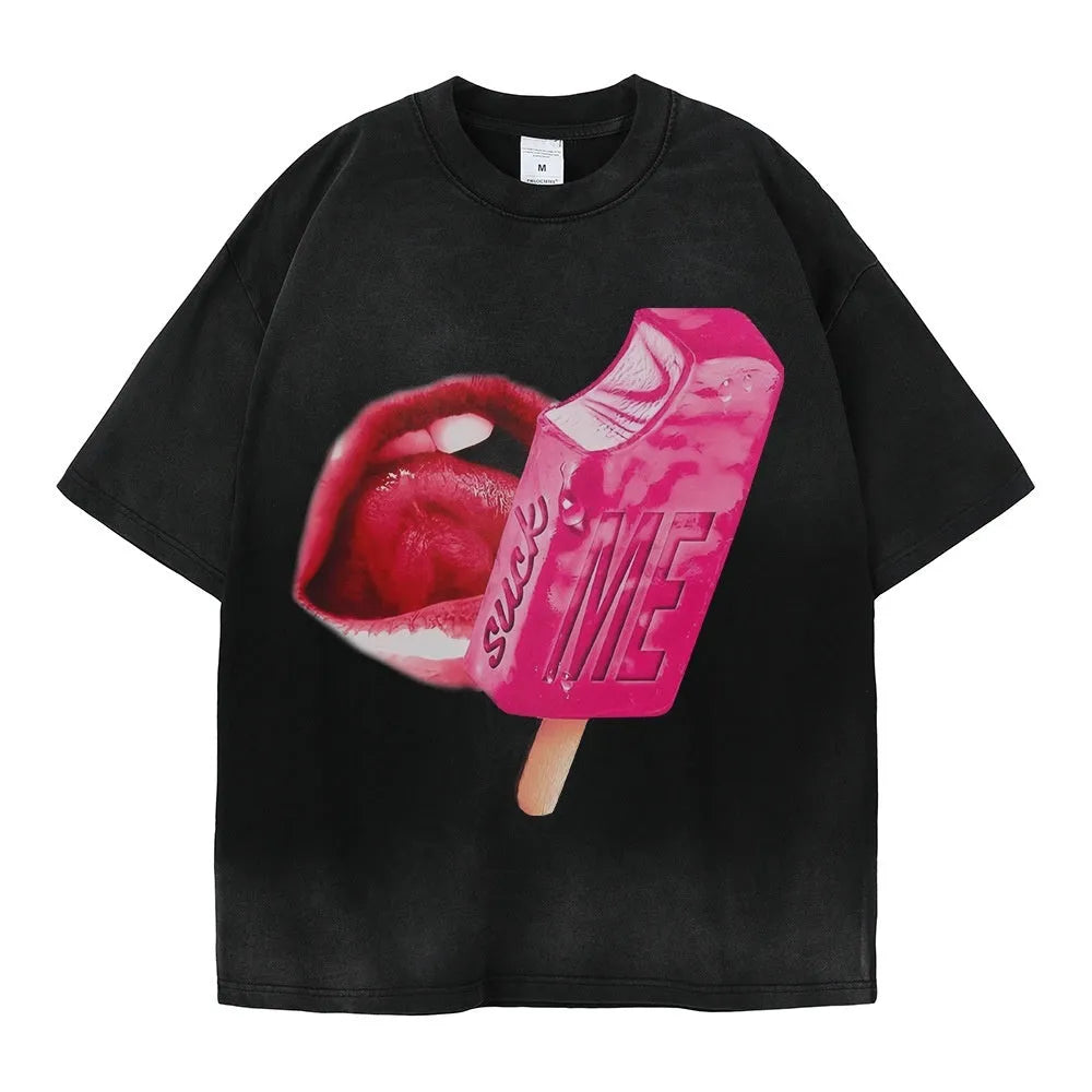 Loose fit heavy washed cotton T-shirt with cartoon print on a person, showing short sleeves.