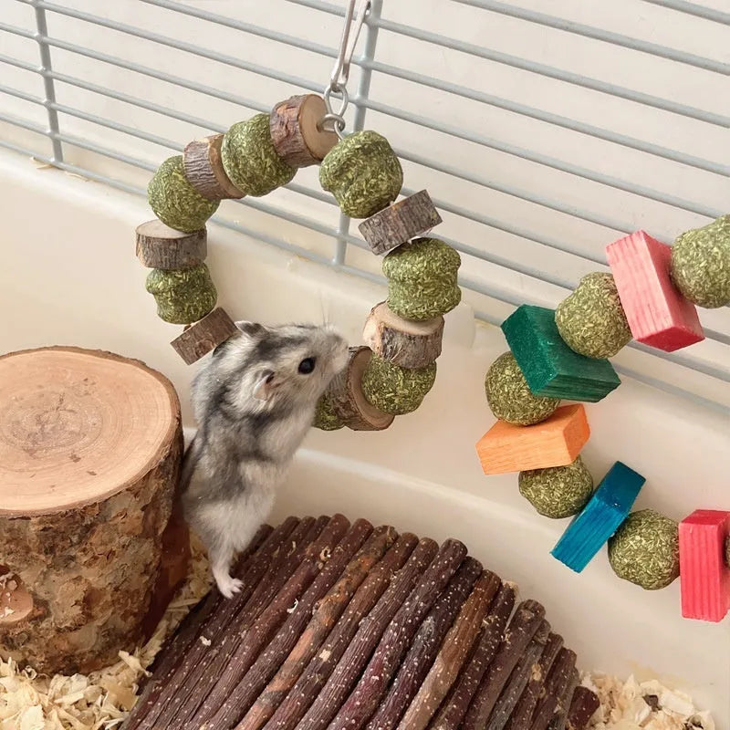 Hamster chew toy with straw ball ring in colourful sequin or natural applewood options