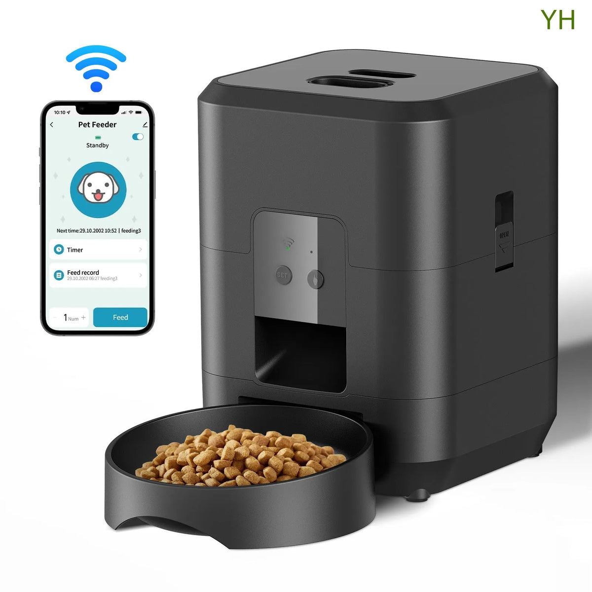 White automatic cat feeder with smartphone showing remote control interface and scheduled feeding times