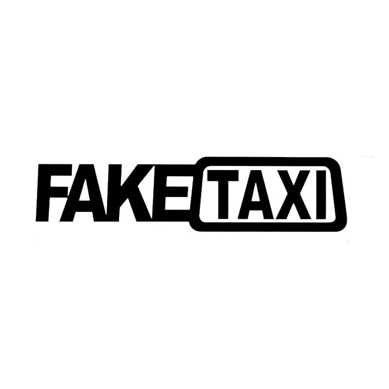 FAKE TAXI car warning sticker in black text on a white background, showing 20x8cm dimensions.