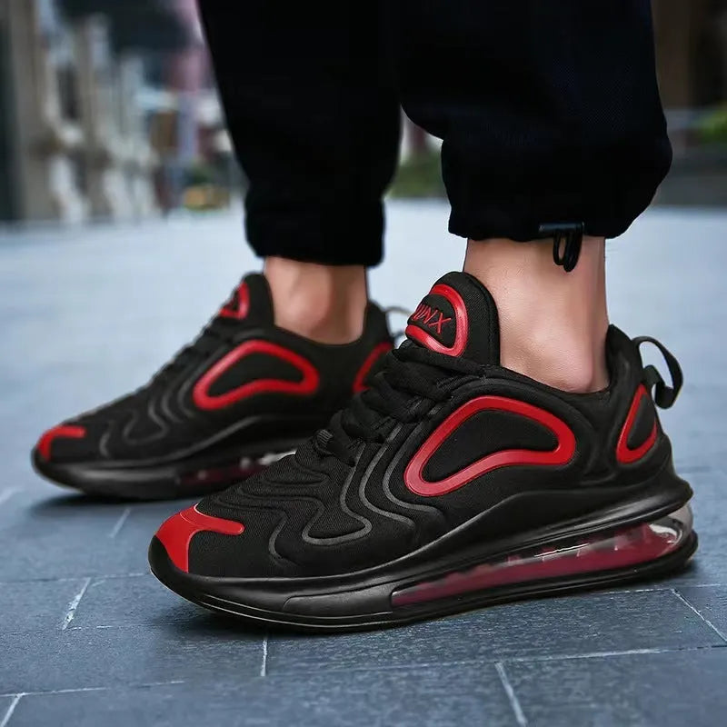 Men's black air cushion running sneakers with lace-up design and thick sole