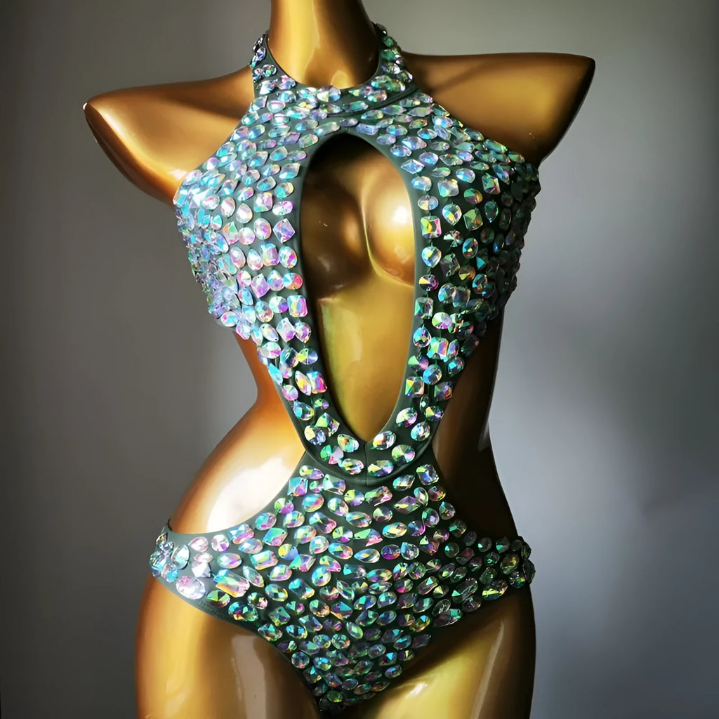 Women's black one-piece swimsuit with a diamond mesh pattern on the front.
