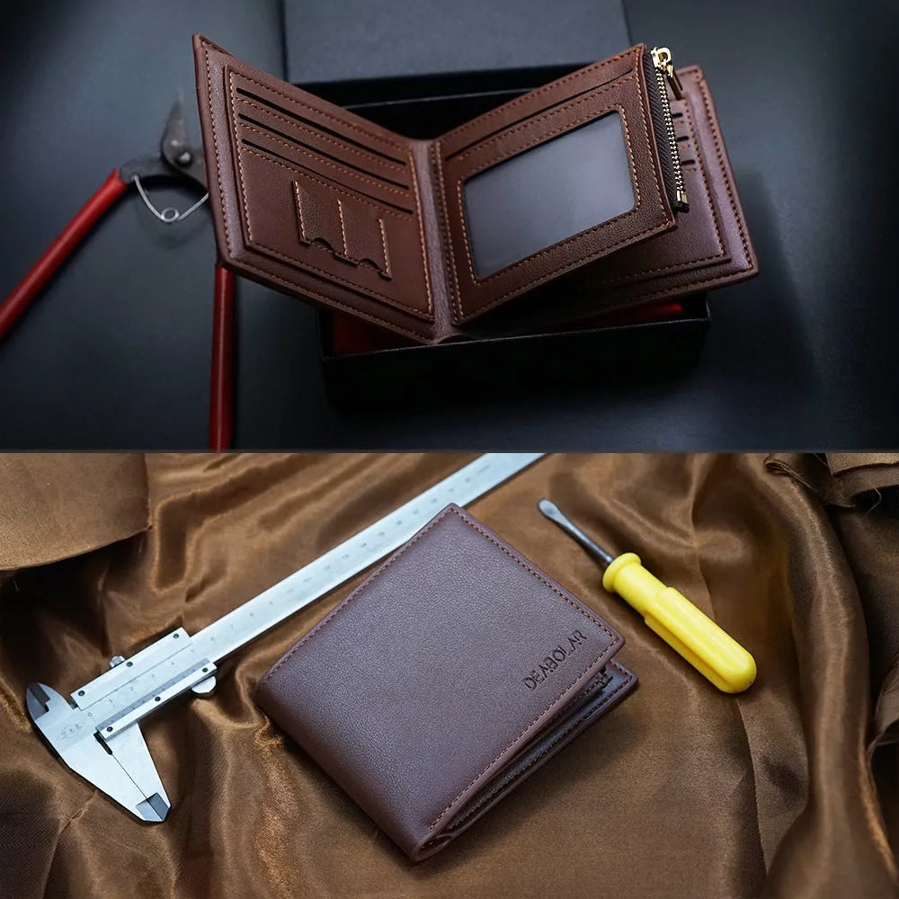 Men's brown leather wallet with a silver zipper closure, shown with individual packaging.