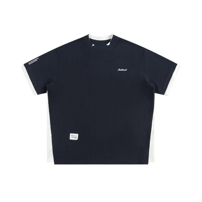 Retro alphabet embroidered loose short-sleeve t-shirt in navy blue, loose youth fit.